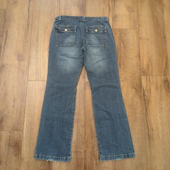 Y2K Hipster Women's Size 32x29 Flared Jeans Denim Blue Whiskered Wide Leg - Picture 7 of 9